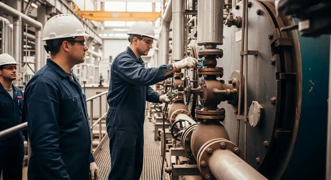 Engenheiro da INTECHK inspecionando uma caldeira flamotubular, demonstrando o processo de Adequação de Caldeiras Flamotubulares NR-13.