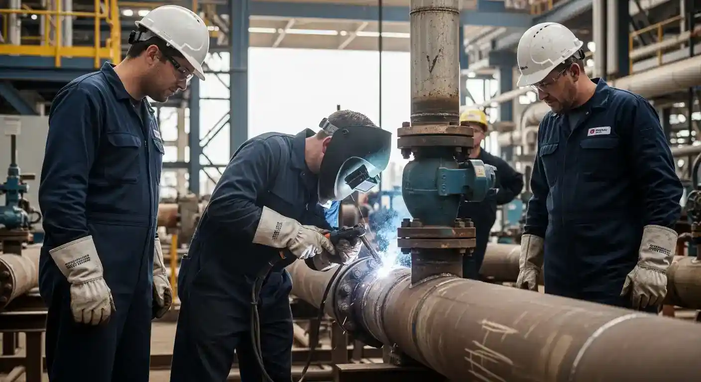 Certificação soldadores AWS/ASME: soldador executando teste prático posição 6G tubulação P91 ASME Section IX.