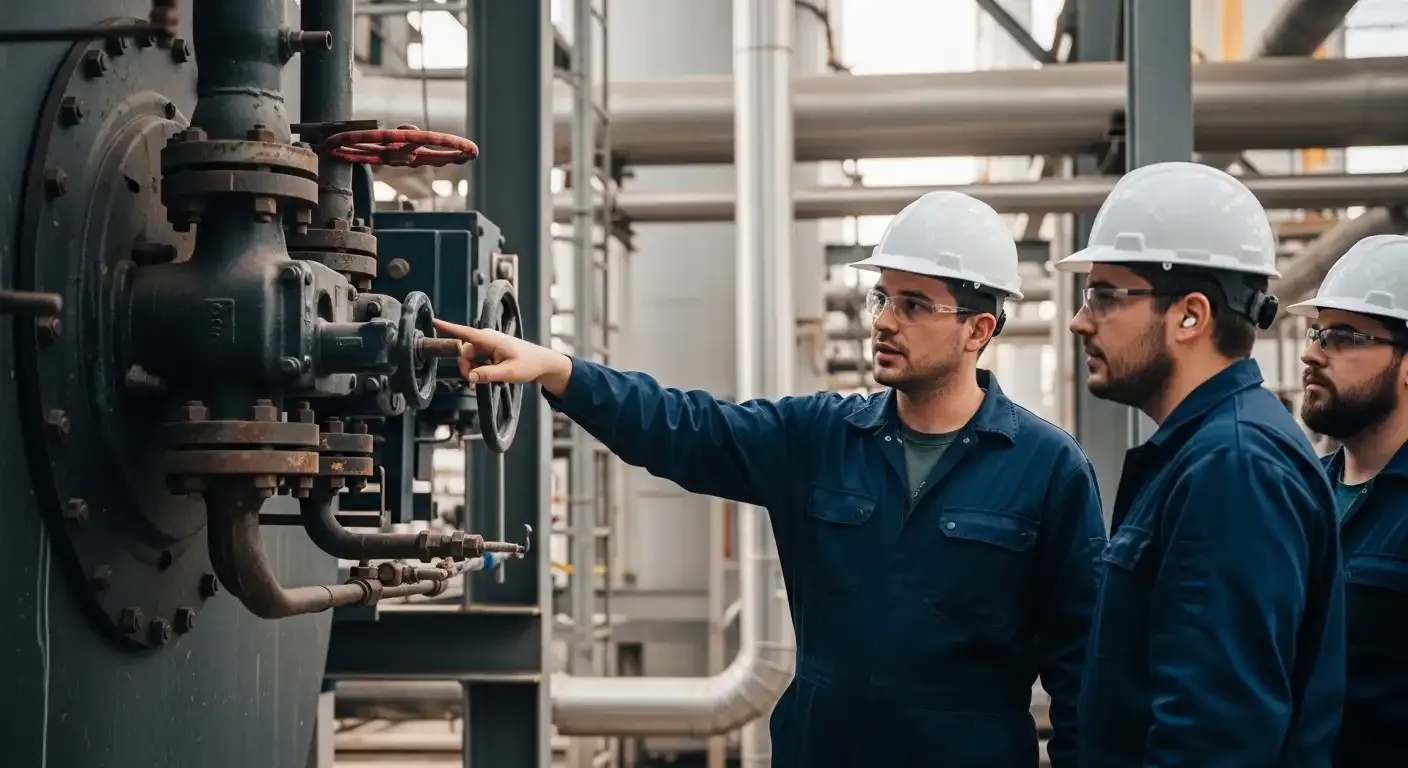 Consultoria NR-13 em execução com engenheiro habilitado avaliando documentação técnica de vaso de pressão industrial