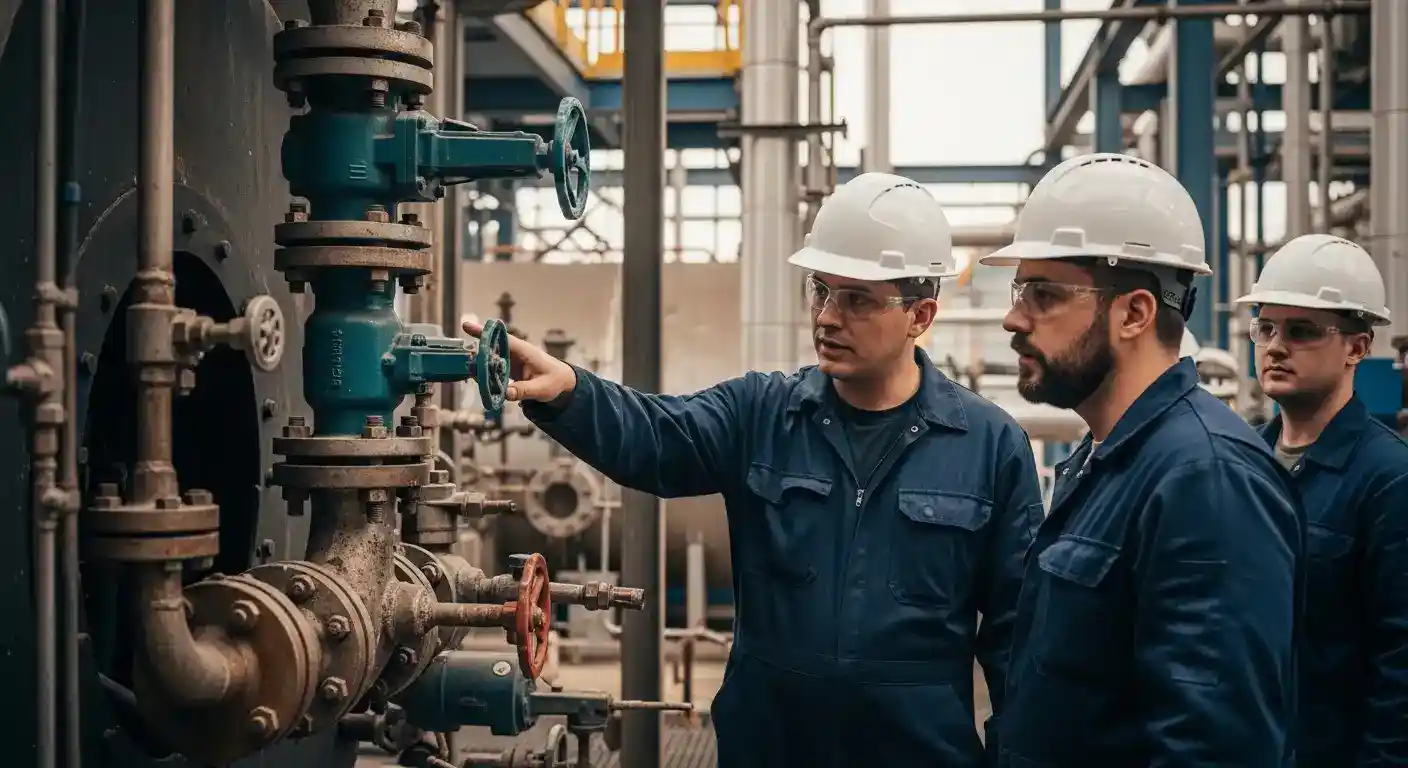 Profissional INTECHK inspecionando painel de caldeira em treinamento de operador NR-13, garantindo segurança e conformidade técnica.