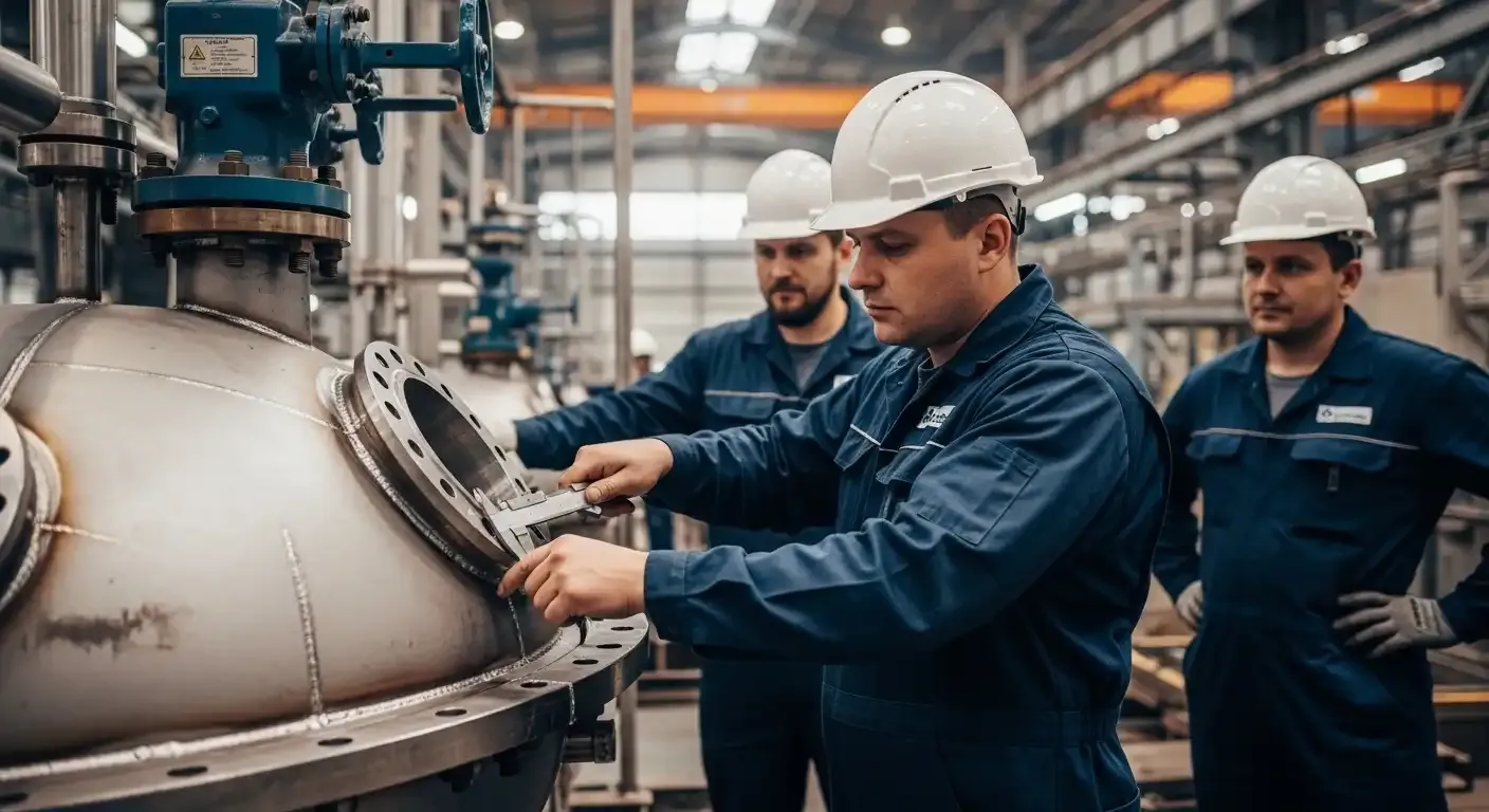 Profissional da INTECHK utilizando equipamentos de medição de alta precisão para inspecionar a fabricação de um componente complexo.