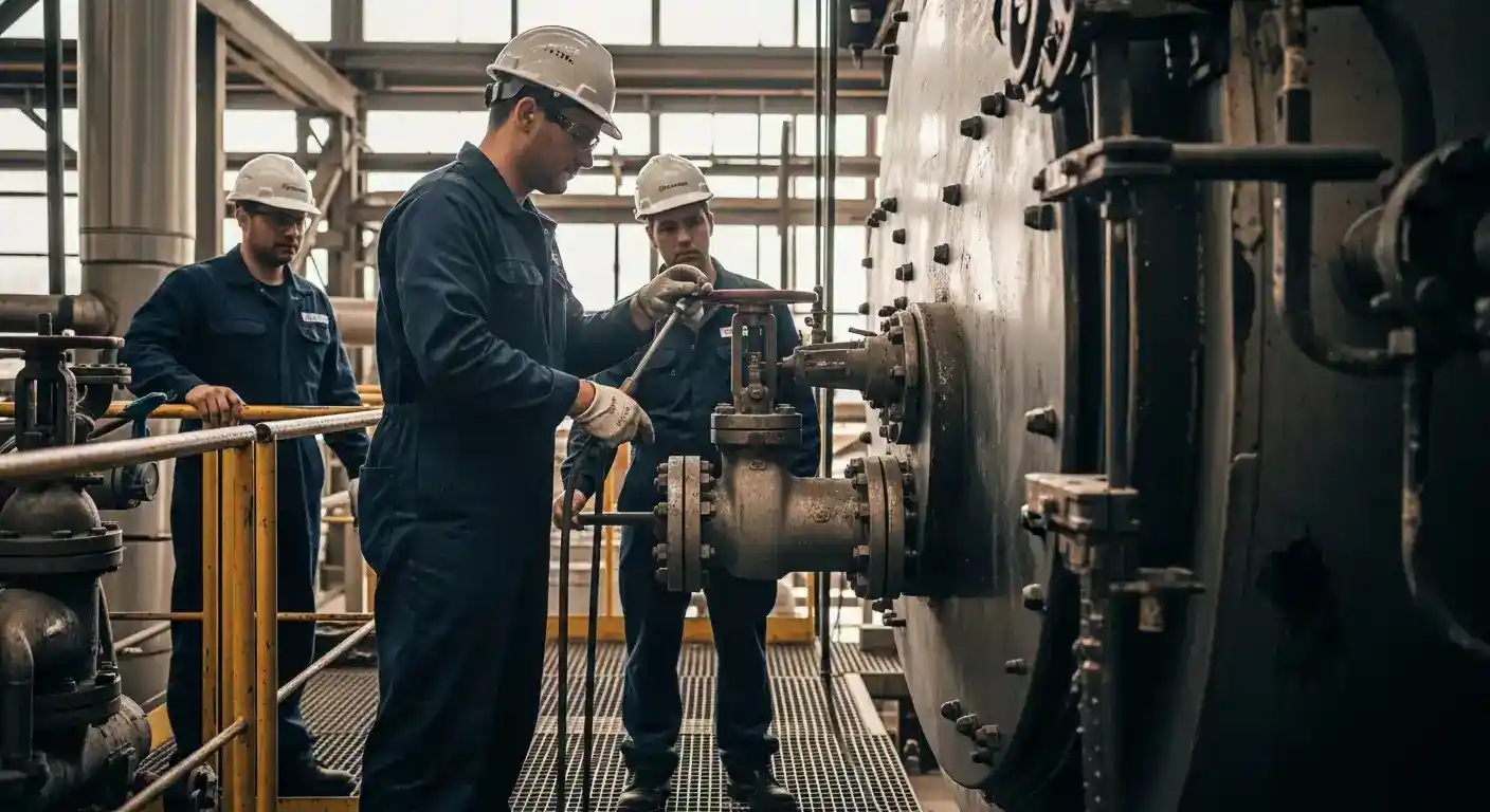 Engenheiro da INTECHK realizando inspeção detalhada em caldeira a vapor industrial, demonstrando o trabalho de inspeção especializada NR-13.