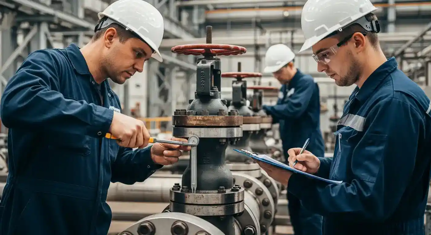 Engenheiro INTECHK inspecionando componentes metálicos em fabricação, garantindo qualidade e conformidade dos materiais industriais.