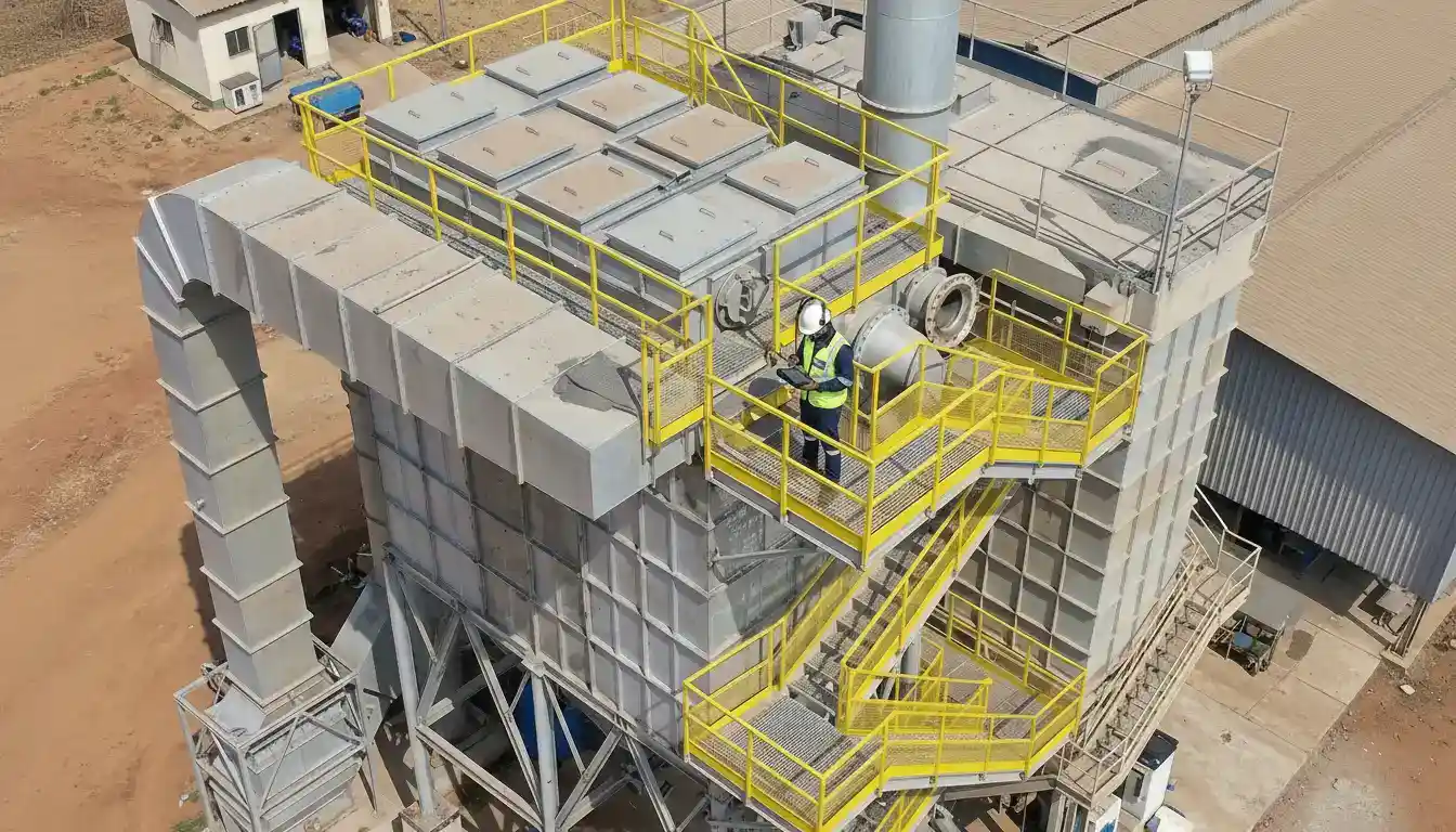 Técnico da INTECHK realizando Inspeção de Filtro de Manga em sistema de filtragem industrial para garantir conformidade e eficiência.