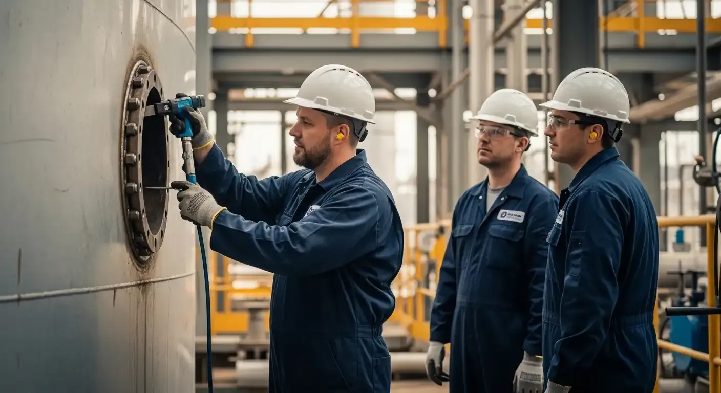 Profissional da INTECHK utilizando equipamento de ultrassom para medição de espessura em um tanque de armazenamento industrial.