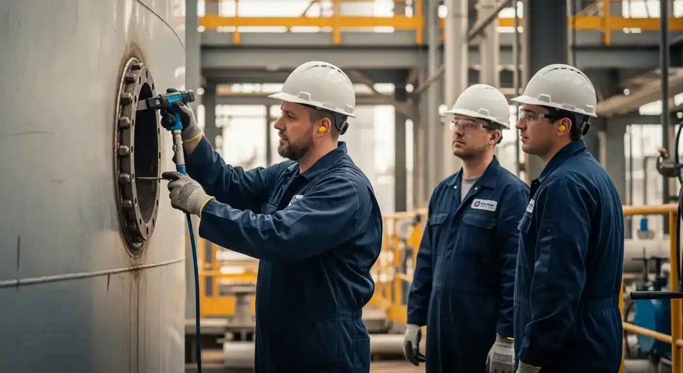 Engenheiro INTECHK realizando inspeção visual em tanque de armazenamento industrial, demonstrando a inspeção de tanques NR-13.