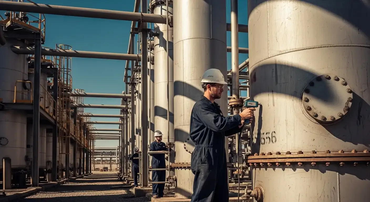 Profissional da INTECHK utilizando equipamento de ultrassom para medição de espessura em um tanque industrial na Inspeção de Tanques NR-13.