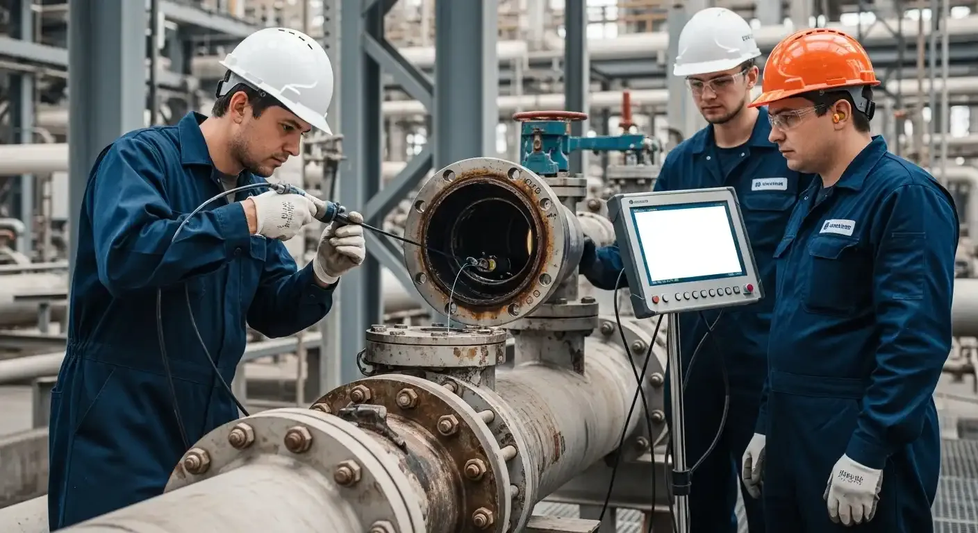 Inspeção de Tubulação Industrial em complexo petroquímico, utilizando técnicas avançadas para detecção de falhas.