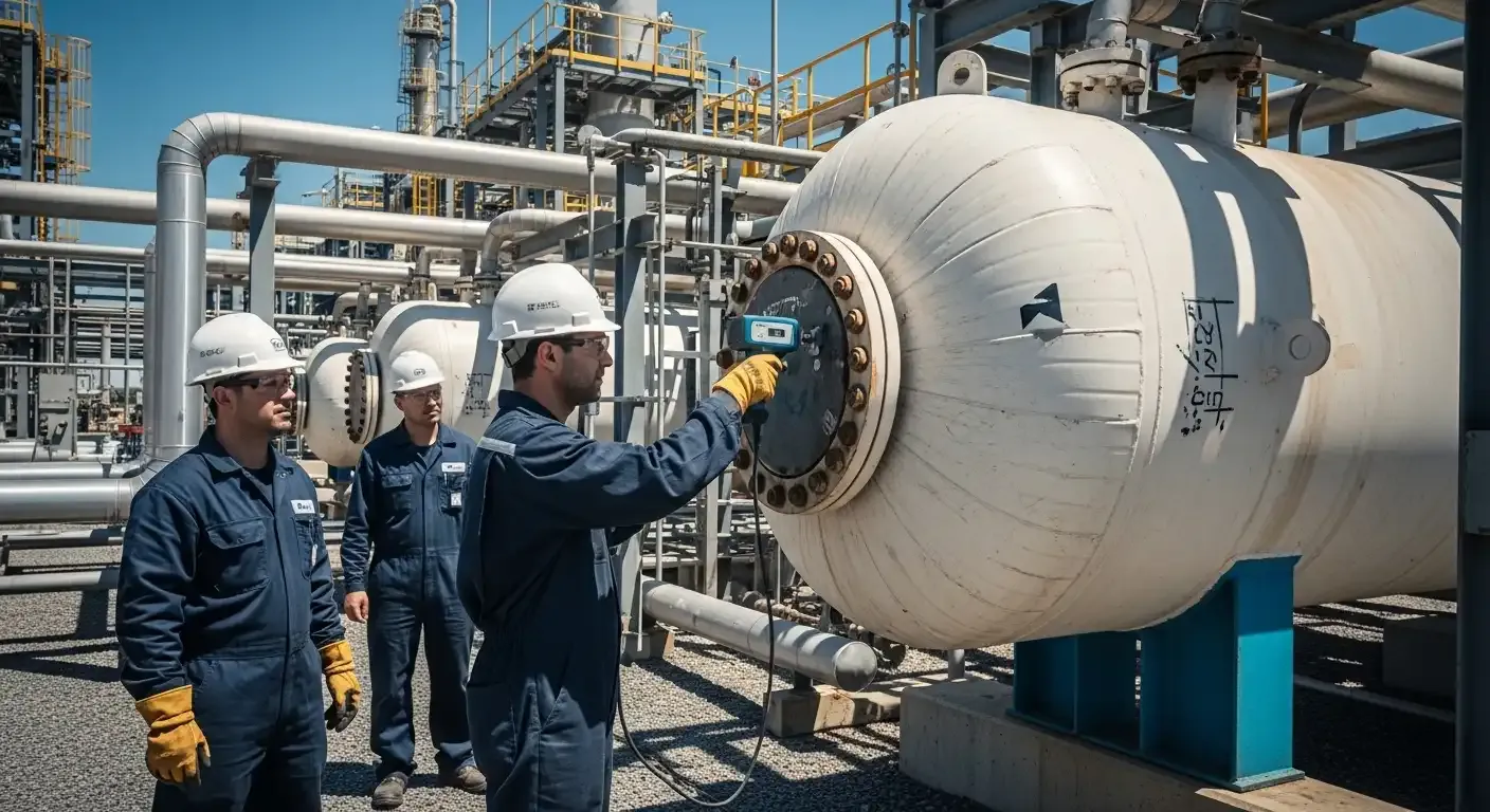 Profissional da INTECHK utilizando equipamento de ultrassom para medição de espessura em um vaso de pressão industrial na Inspeção de Vasos de Pressão NR-13.