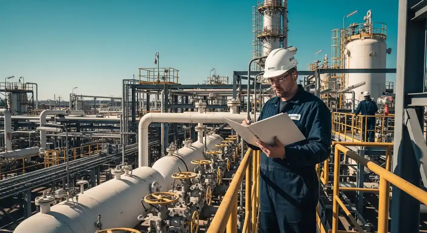 Engenheiro da INTECHK analisando um laudo técnico de vaso de pressão, destacando a importância da documentação para a segurança industrial.