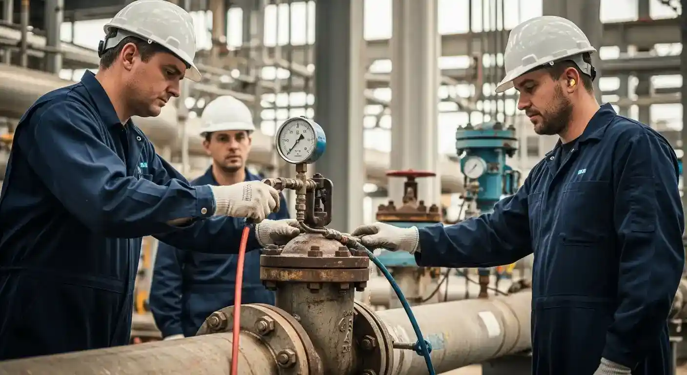 Teste Hidrostático em Tubulações sendo executado em um sistema industrial, com manômetros e equipamentos de pressurização.